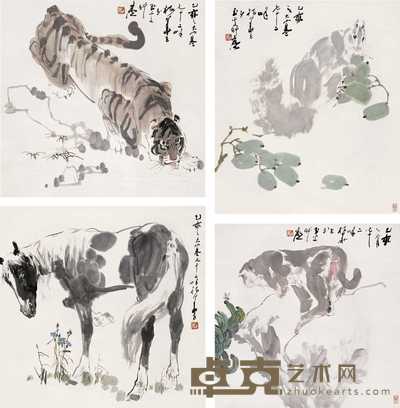 颜梅华 1995年作 动物 四屏 60×60cm×4